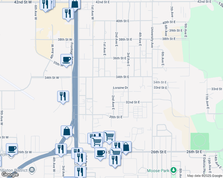 map of restaurants, bars, coffee shops, grocery stores, and more near 100-146 34th Street East in Williston