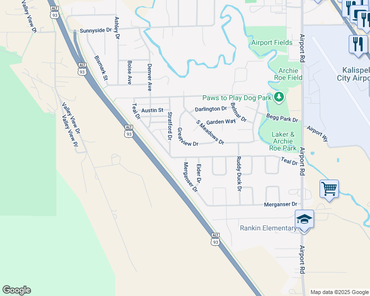 map of restaurants, bars, coffee shops, grocery stores, and more near 1970 Greatview Drive in Kalispell