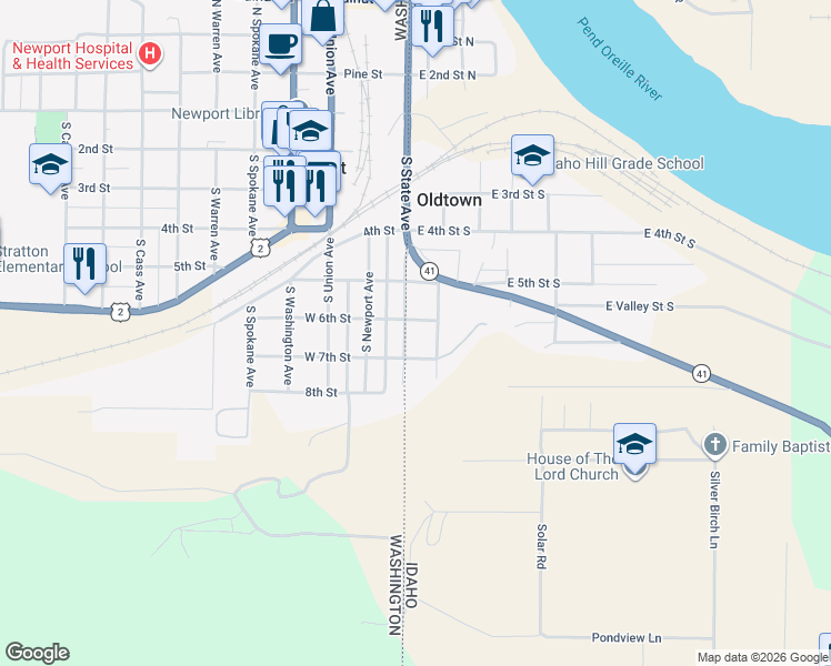map of restaurants, bars, coffee shops, grocery stores, and more near 101 East 6th Street South in Oldtown