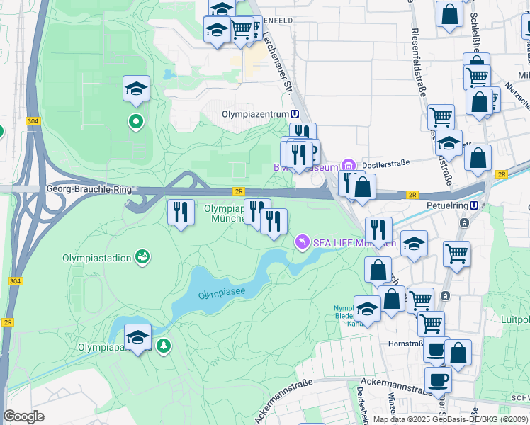 map of restaurants, bars, coffee shops, grocery stores, and more near 21 Spiridon-Louis-Ring in München