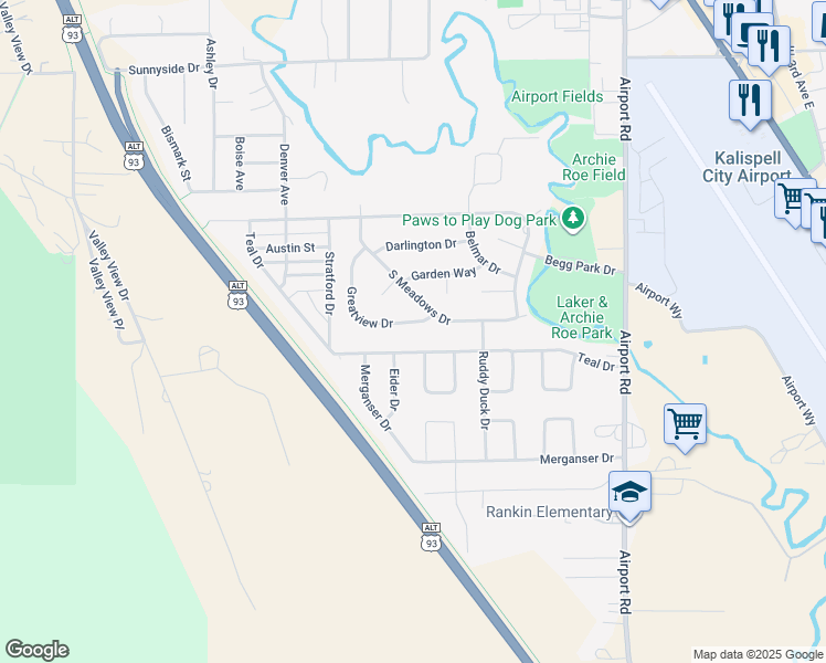 map of restaurants, bars, coffee shops, grocery stores, and more near 1990 Greatview Drive in Kalispell