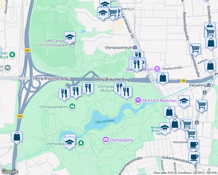 map of restaurants, bars, coffee shops, grocery stores, and more near 21 Spiridon-Louis-Ring in München