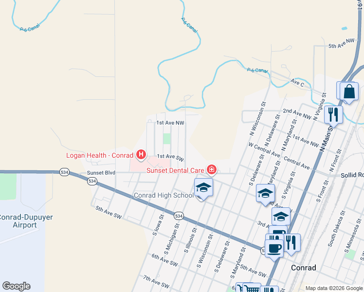 map of restaurants, bars, coffee shops, grocery stores, and more near 4 South Iowa Street in Conrad