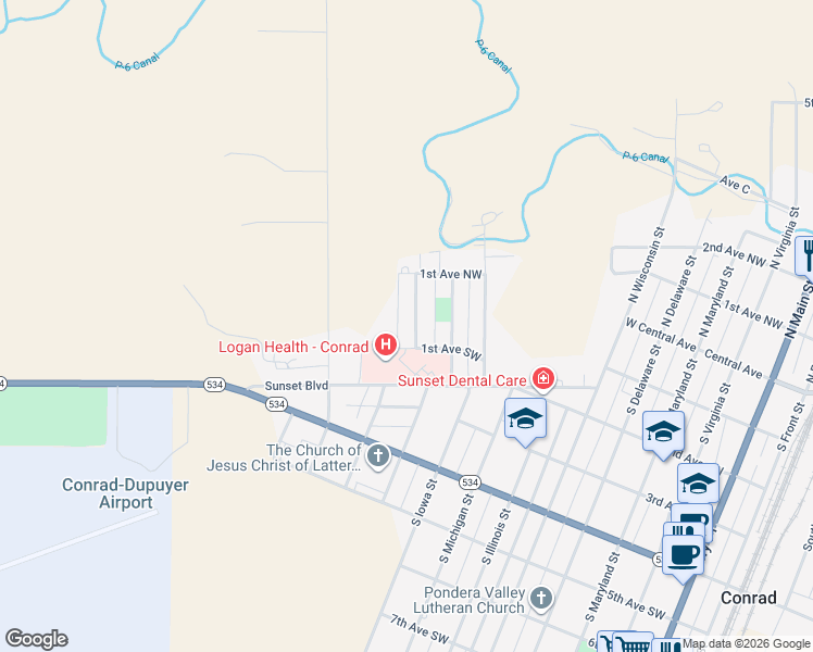 map of restaurants, bars, coffee shops, grocery stores, and more near 4 North Idaho Street in Conrad