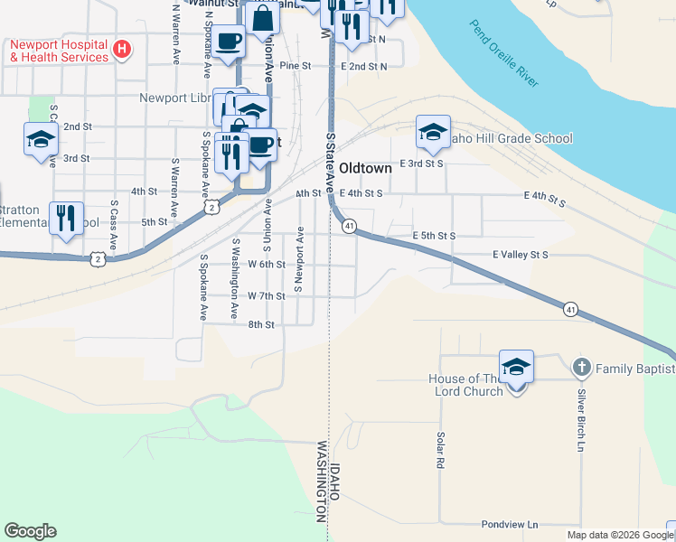 map of restaurants, bars, coffee shops, grocery stores, and more near 101 East 6th Street South in Oldtown