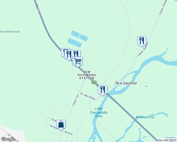 map of restaurants, bars, coffee shops, grocery stores, and more near Chemin Cyr in New Richmond