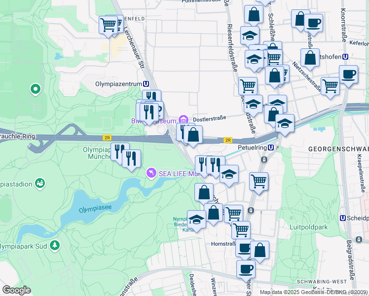 map of restaurants, bars, coffee shops, grocery stores, and more near 110 Lerchenauer Straße in München