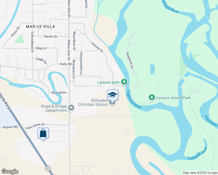 map of restaurants, bars, coffee shops, grocery stores, and more near 682 Leisure Dr in Kalispell