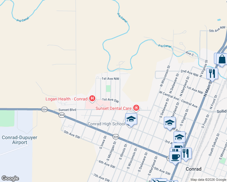 map of restaurants, bars, coffee shops, grocery stores, and more near 4 South Iowa Street in Conrad