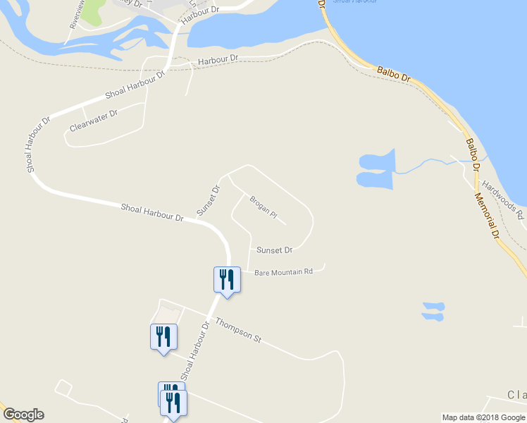 map of restaurants, bars, coffee shops, grocery stores, and more near 12 Brogan Place in Clarenville