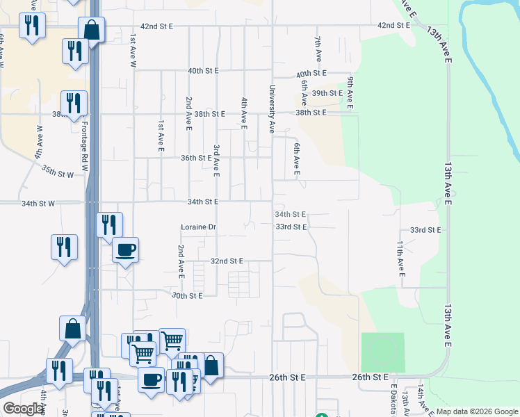 map of restaurants, bars, coffee shops, grocery stores, and more near 3323 University Avenue in Williston