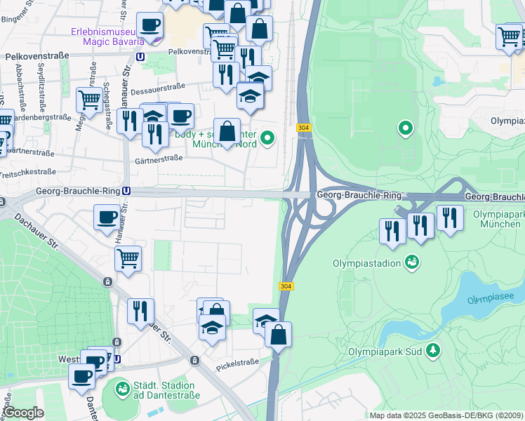 map of restaurants, bars, coffee shops, grocery stores, and more near 23-25 Georg-Brauchle-Ring in München