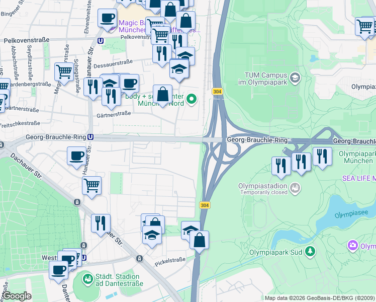 map of restaurants, bars, coffee shops, grocery stores, and more near 23-25 Georg-Brauchle-Ring in München
