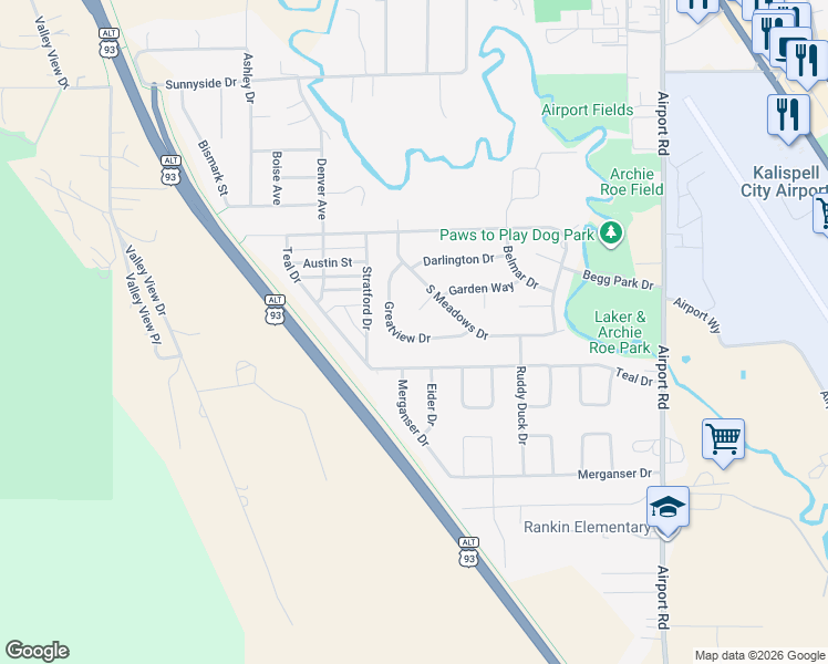 map of restaurants, bars, coffee shops, grocery stores, and more near 1970 Greatview Drive in Kalispell