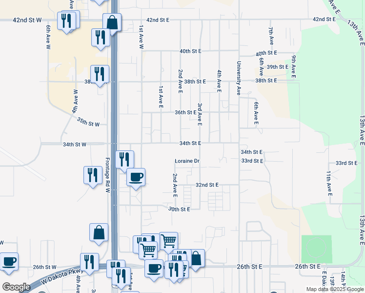 map of restaurants, bars, coffee shops, grocery stores, and more near 208 34th Street East in Williston