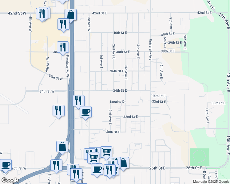 map of restaurants, bars, coffee shops, grocery stores, and more near 208 34th Street East in Williston
