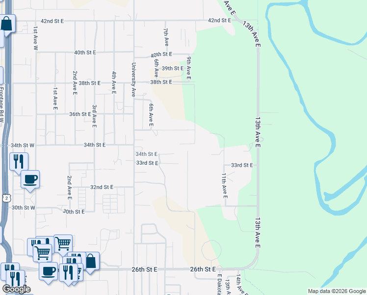 map of restaurants, bars, coffee shops, grocery stores, and more near 3315 9th Avenue East in Williston