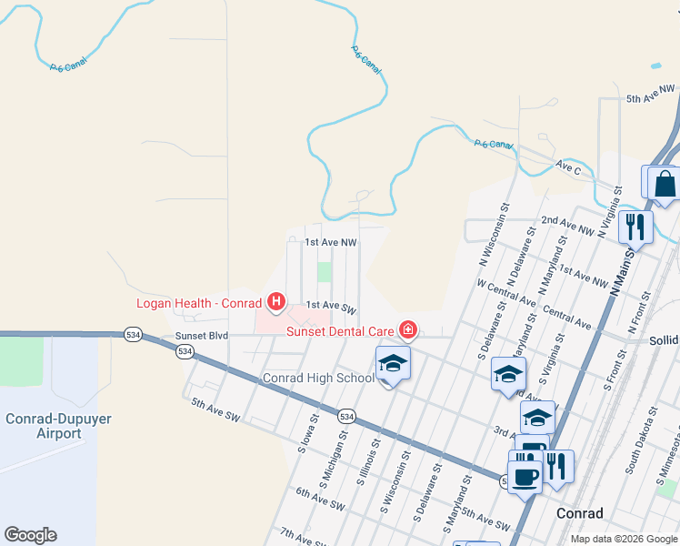 map of restaurants, bars, coffee shops, grocery stores, and more near 4 South Iowa Street in Conrad
