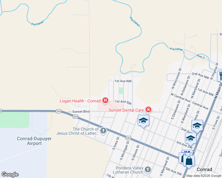 map of restaurants, bars, coffee shops, grocery stores, and more near 4 North Idaho Street in Conrad