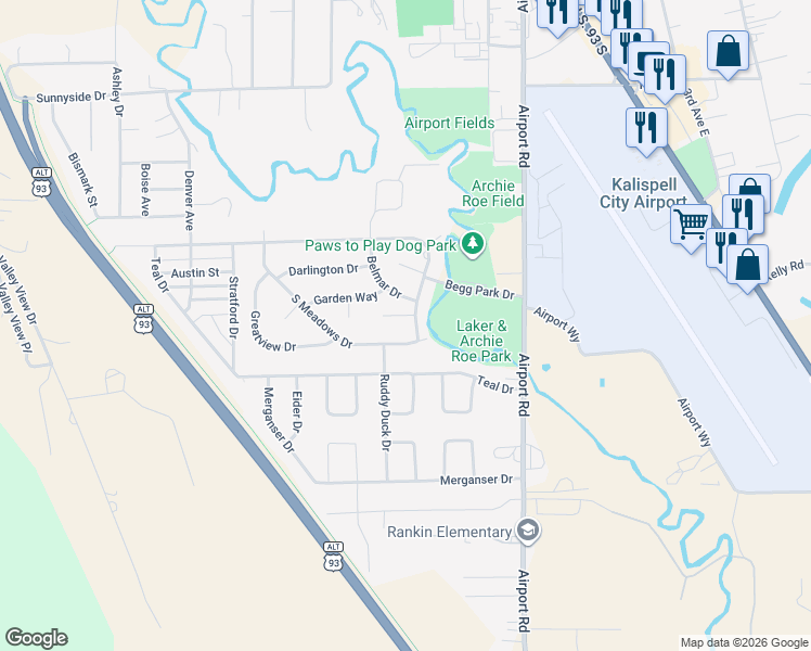 map of restaurants, bars, coffee shops, grocery stores, and more near 2050 Bluestone Drive in Kalispell