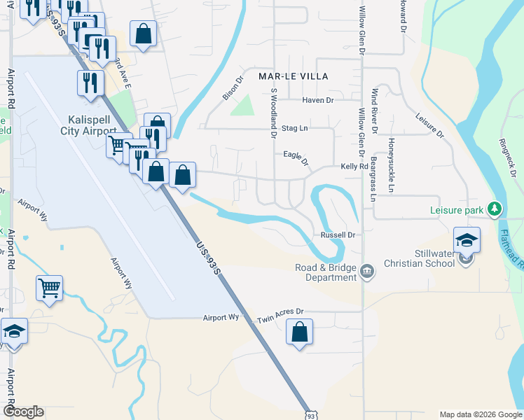 map of restaurants, bars, coffee shops, grocery stores, and more near 2226 S Woodland Dr in Kalispell