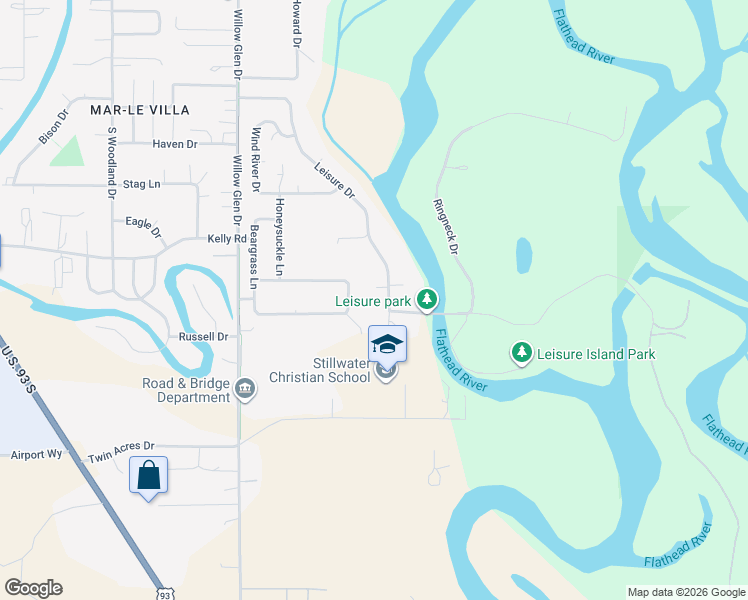 map of restaurants, bars, coffee shops, grocery stores, and more near 682 Leisure Dr in Kalispell
