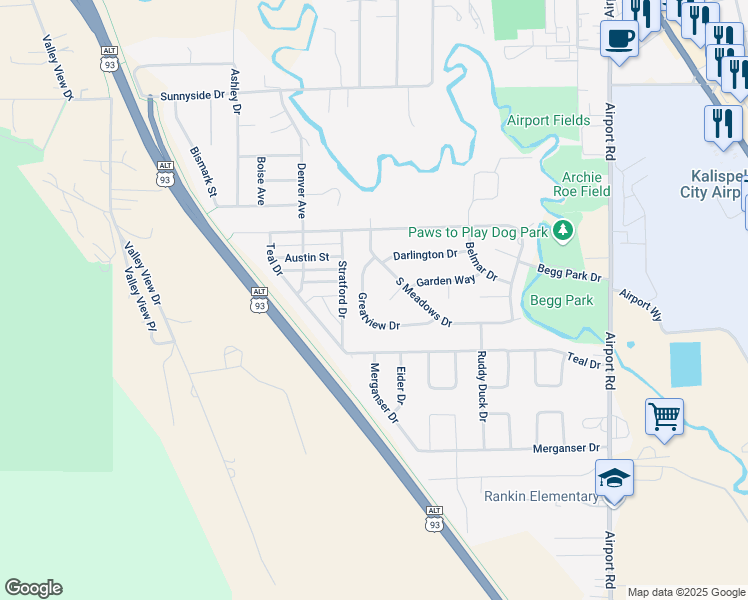 map of restaurants, bars, coffee shops, grocery stores, and more near 1937 Greatview Drive in Kalispell