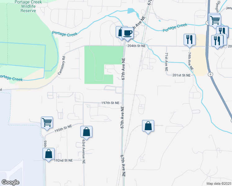 map of restaurants, bars, coffee shops, grocery stores, and more near 6499 199th Street Northeast in Arlington