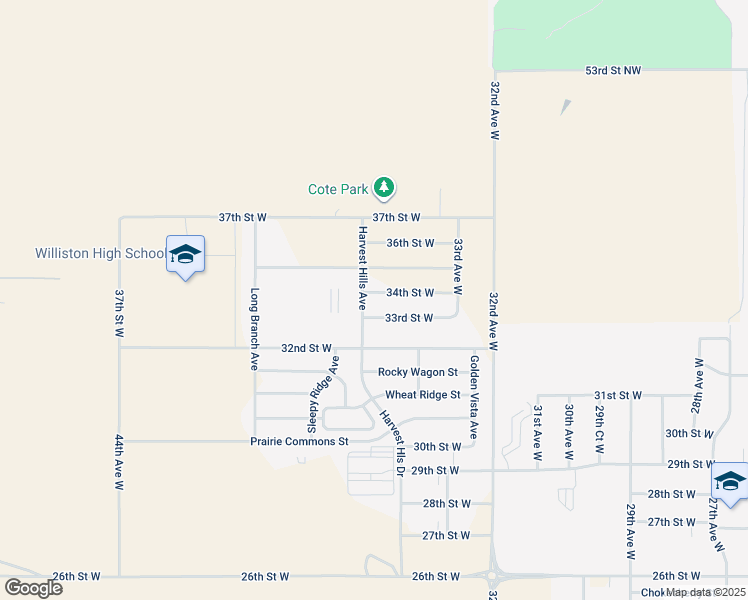map of restaurants, bars, coffee shops, grocery stores, and more near 3419 34th Street West in Williston