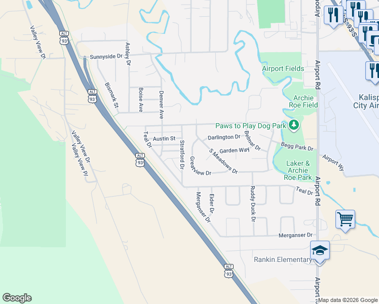map of restaurants, bars, coffee shops, grocery stores, and more near 1937 Greatview Drive in Kalispell