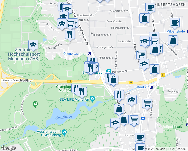 map of restaurants, bars, coffee shops, grocery stores, and more near 1 Am Olympiapark in Munich