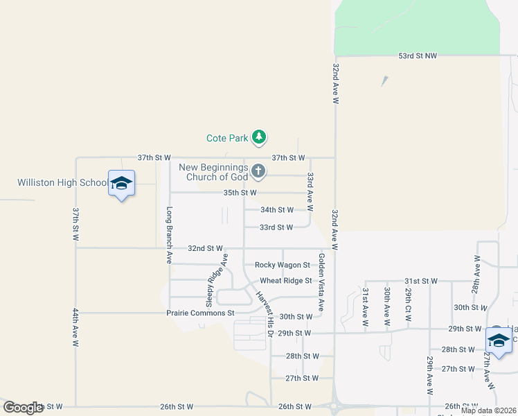 map of restaurants, bars, coffee shops, grocery stores, and more near 3419 34th Street West in Williston