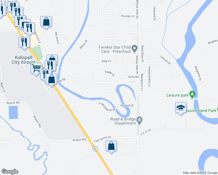 map of restaurants, bars, coffee shops, grocery stores, and more near 1576 Condor Drive in Kalispell