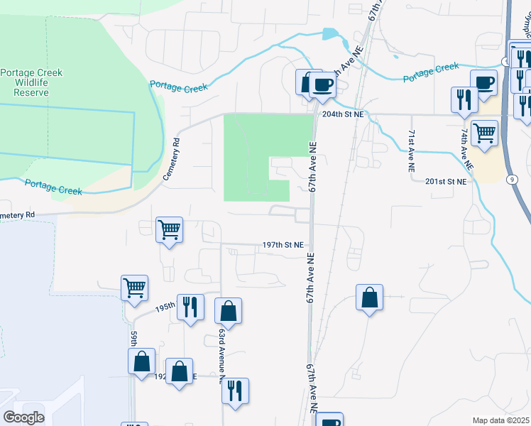 map of restaurants, bars, coffee shops, grocery stores, and more near 6499 199th Street Northeast in Arlington
