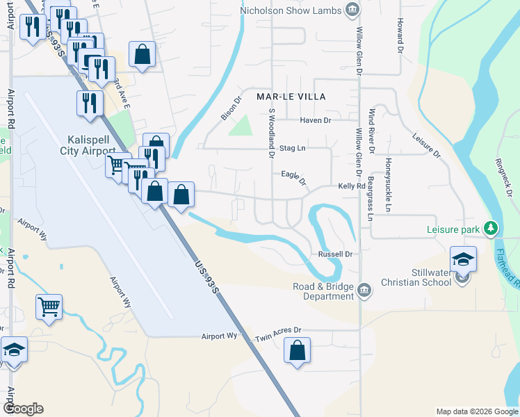 map of restaurants, bars, coffee shops, grocery stores, and more near 103 Mallard Drive in Kalispell