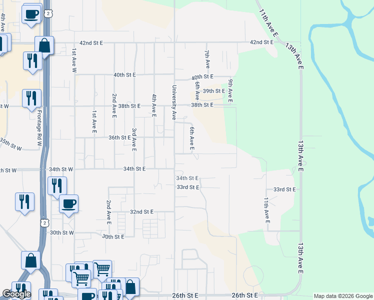 map of restaurants, bars, coffee shops, grocery stores, and more near 3504 University Avenue in Williston