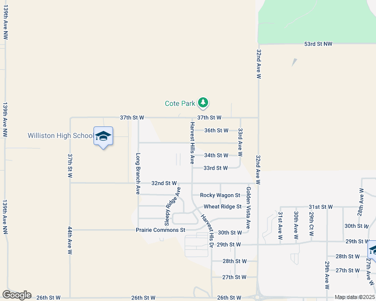 map of restaurants, bars, coffee shops, grocery stores, and more near 3401 Harvest Hills Avenue in Williston