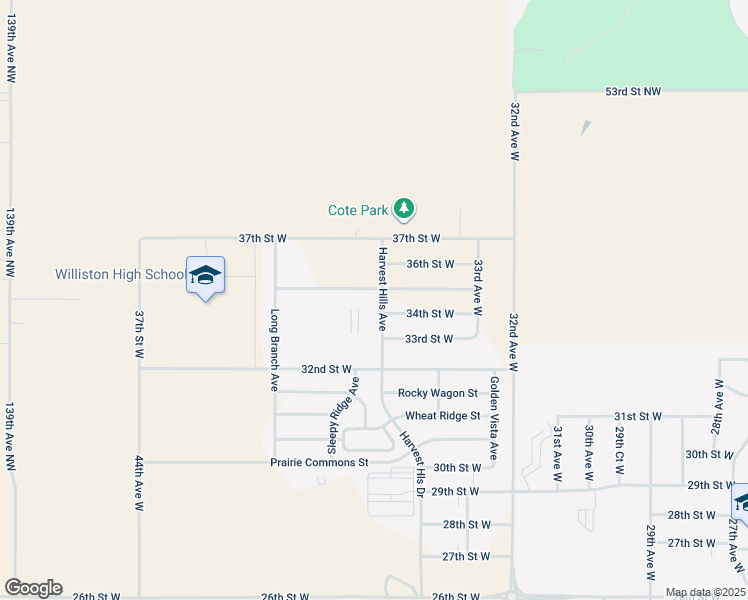 map of restaurants, bars, coffee shops, grocery stores, and more near 3401 Harvest Hills Avenue in Williston