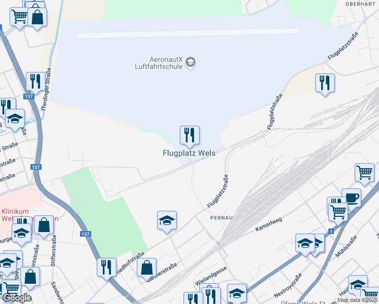 map of restaurants, bars, coffee shops, grocery stores, and more near 1 Flugplatzstraße in Wels