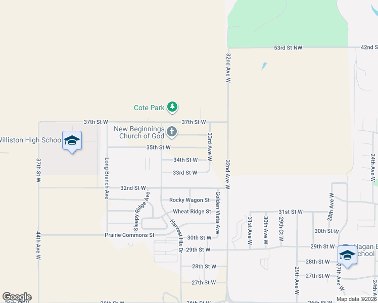 map of restaurants, bars, coffee shops, grocery stores, and more near 3341 34th Street West in Williston
