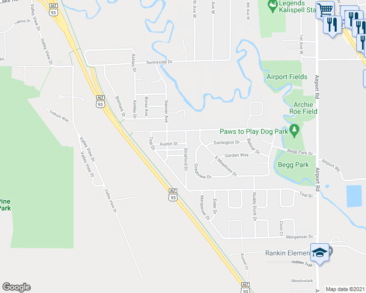 map of restaurants, bars, coffee shops, grocery stores, and more near 16 Stratford Drive in Kalispell