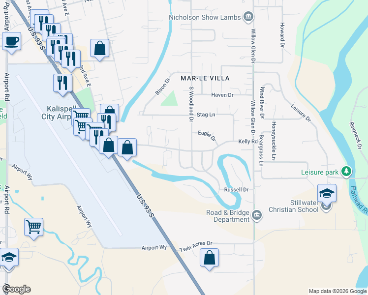 map of restaurants, bars, coffee shops, grocery stores, and more near 103 Mallard Drive in Kalispell