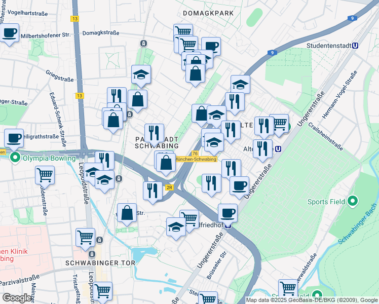 map of restaurants, bars, coffee shops, grocery stores, and more near 5 Walter-Gropius-Straße in München
