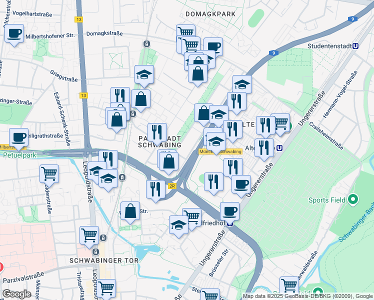 map of restaurants, bars, coffee shops, grocery stores, and more near 5 Walter-Gropius-Straße in München