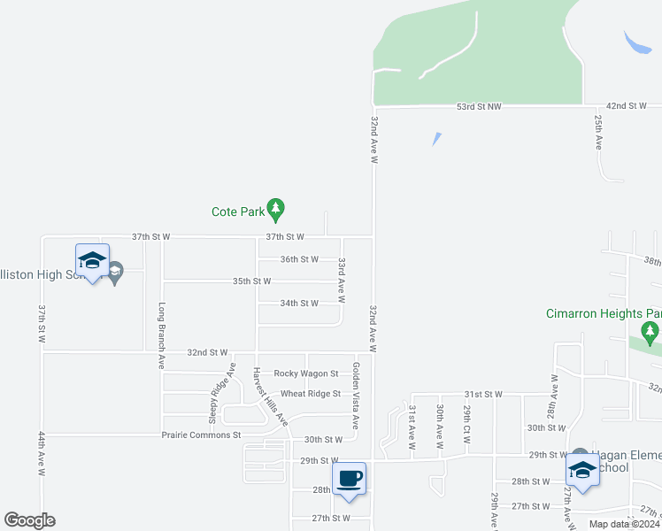 map of restaurants, bars, coffee shops, grocery stores, and more near 3305 36th Street West in Williston
