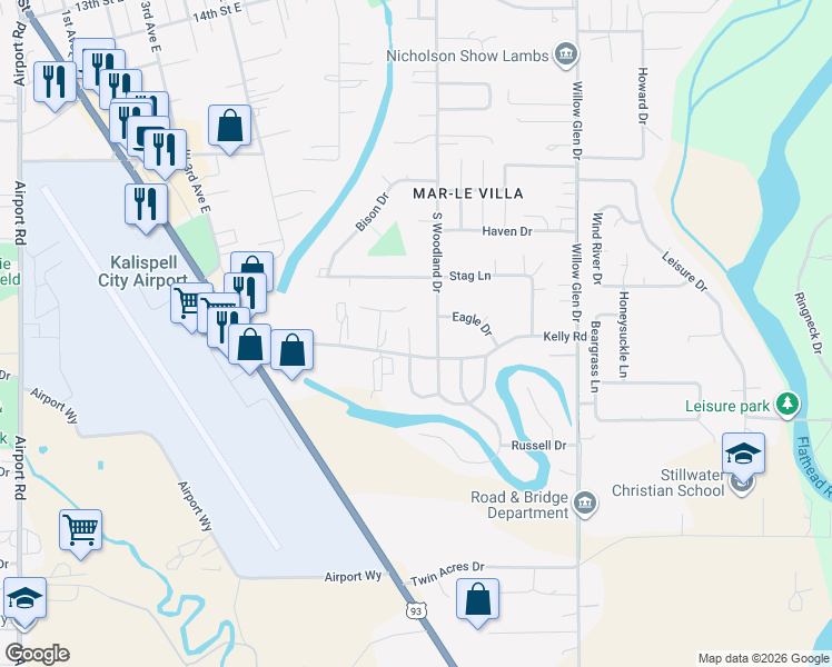 map of restaurants, bars, coffee shops, grocery stores, and more near 309 Kelly Road in Kalispell