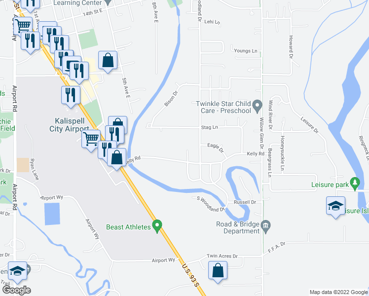 map of restaurants, bars, coffee shops, grocery stores, and more near 311 Kelly Road in Kalispell