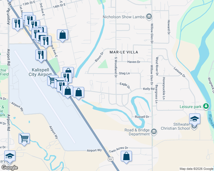 map of restaurants, bars, coffee shops, grocery stores, and more near 309 Kelly Road in Kalispell