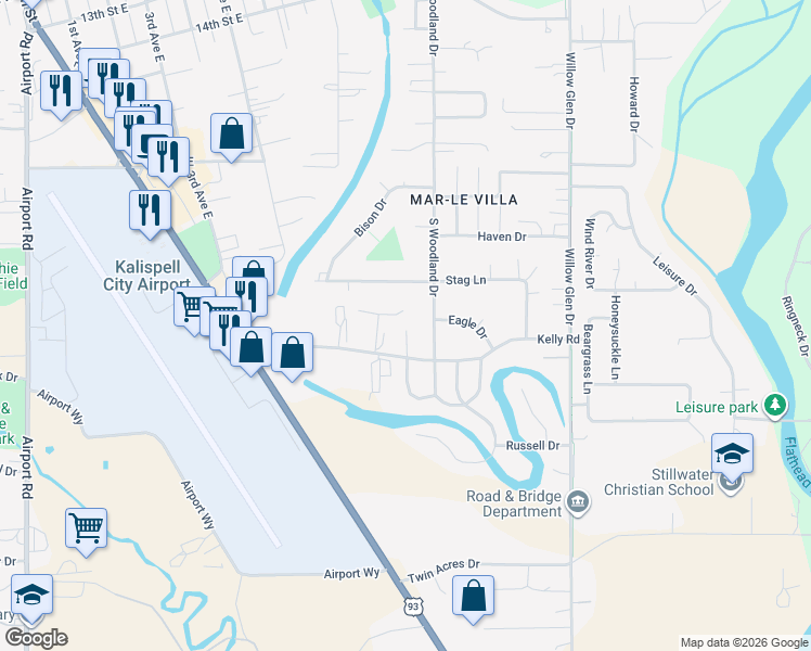 map of restaurants, bars, coffee shops, grocery stores, and more near 309 Kelly Road in Kalispell