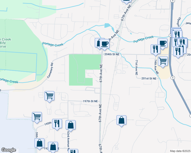 map of restaurants, bars, coffee shops, grocery stores, and more near 20102 67th Avenue Northeast in Arlington